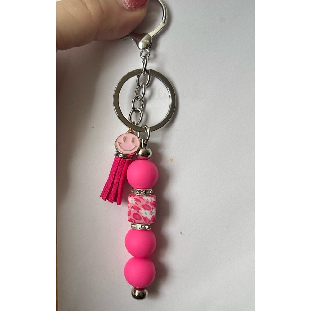 Pink Beaded Keychain with Tassel